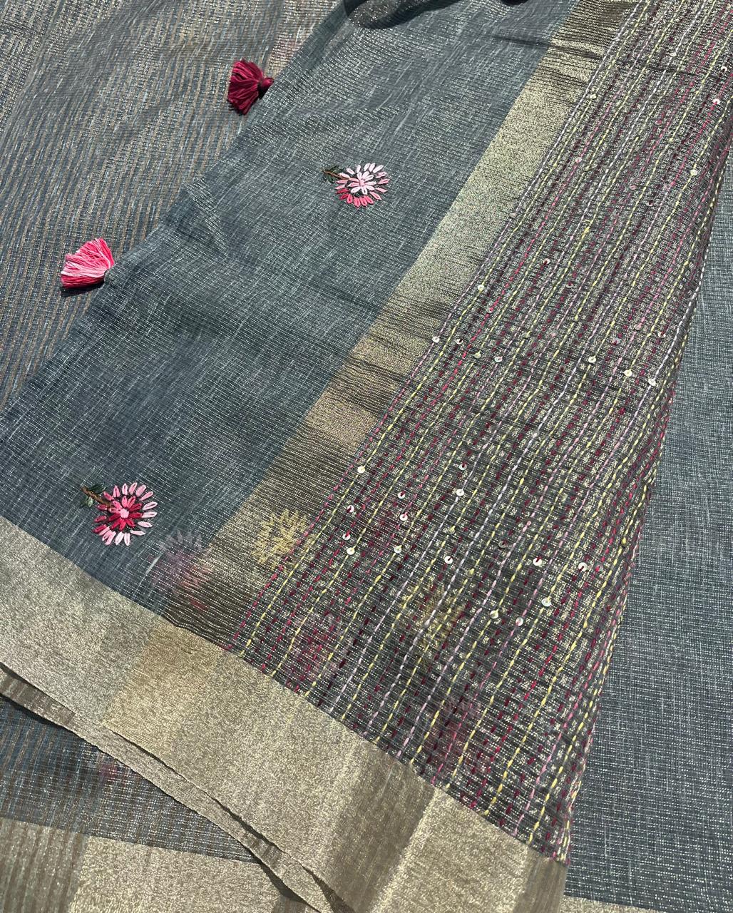 Hand-Embroidered Pure Linen Tissue Saree