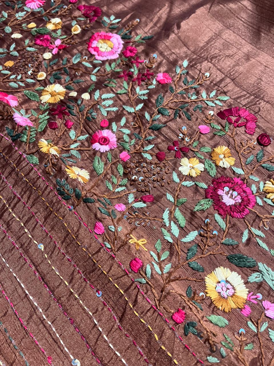Semi Tussar Silk Saree with Hand Embroidery