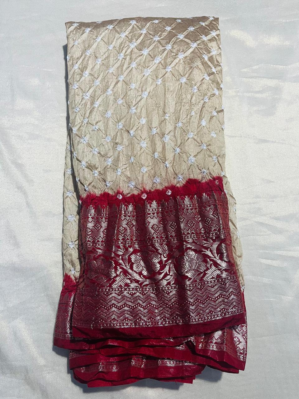 Crushed Bandhini Saree in Beige & Red