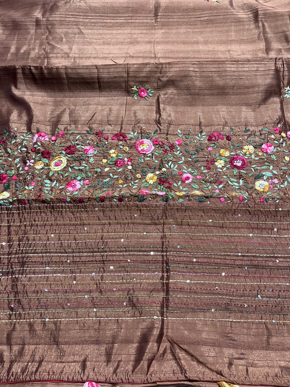 Semi Tussar Silk Saree with Hand Embroidery
