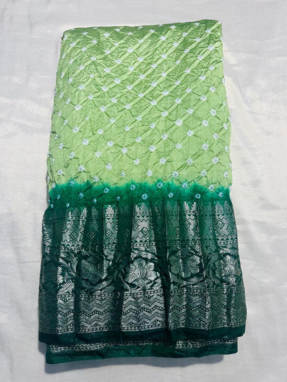 Green Bandhini Crushed Saree with Silver Zari Weave