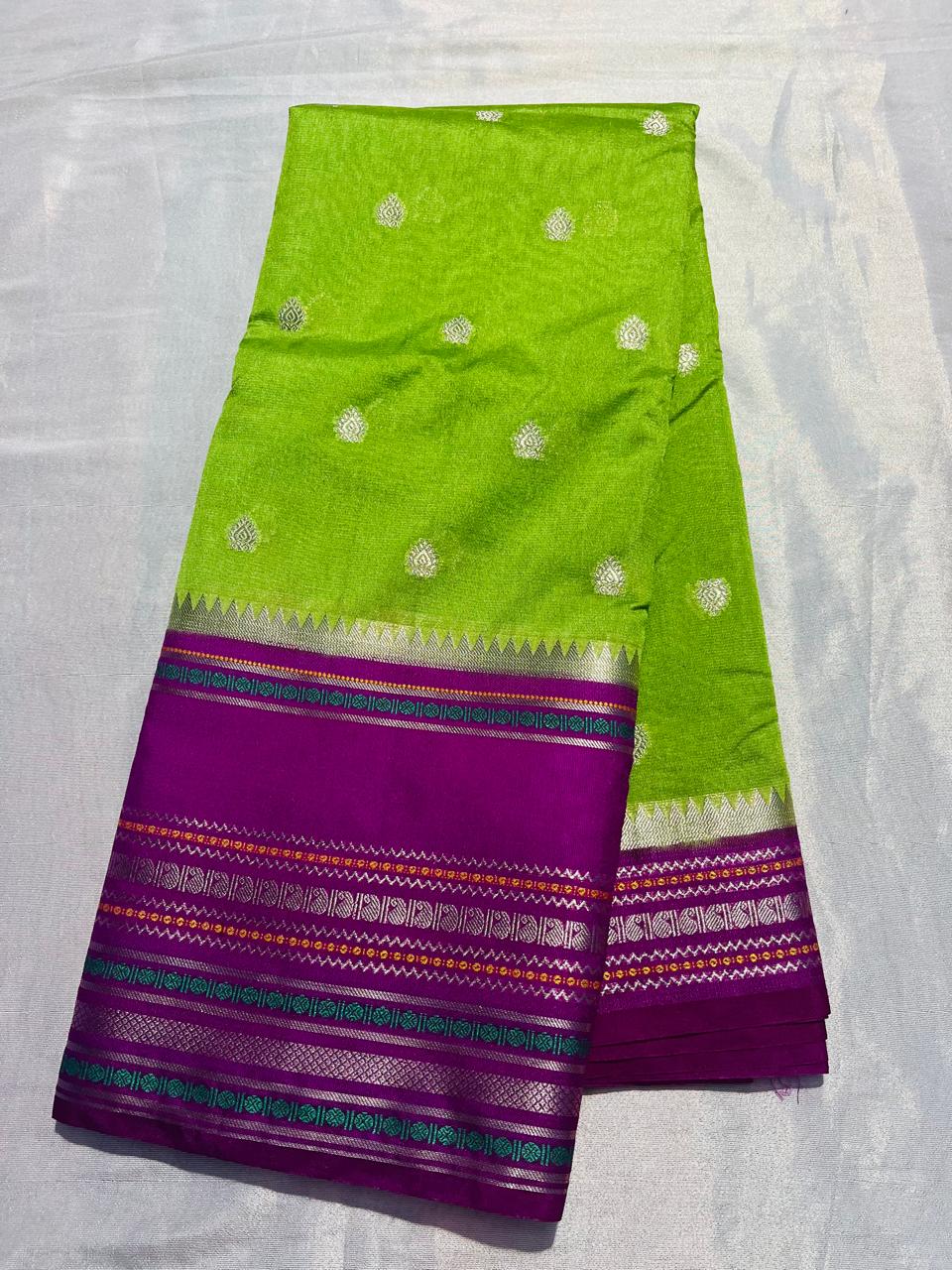 Traditional Contrast Border Saree Green With Pink