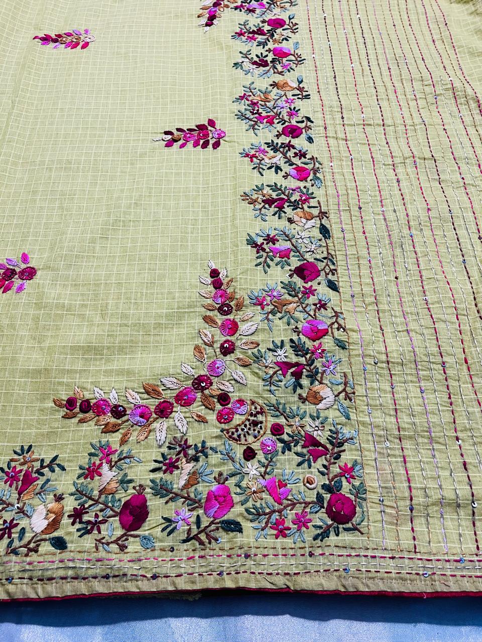 Olive Green Cotton Check Saree with Hand Embroidery