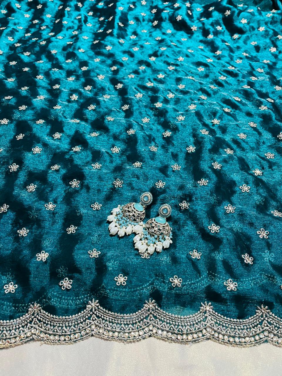 Teal Blue Zari Floral Motif Saree