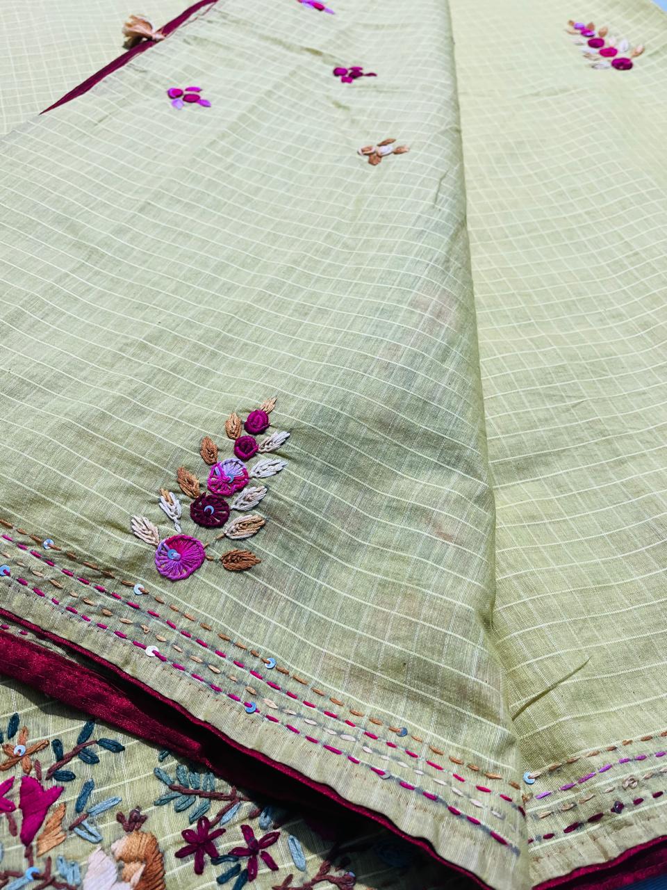Olive Green Cotton Check Saree with Hand Embroidery