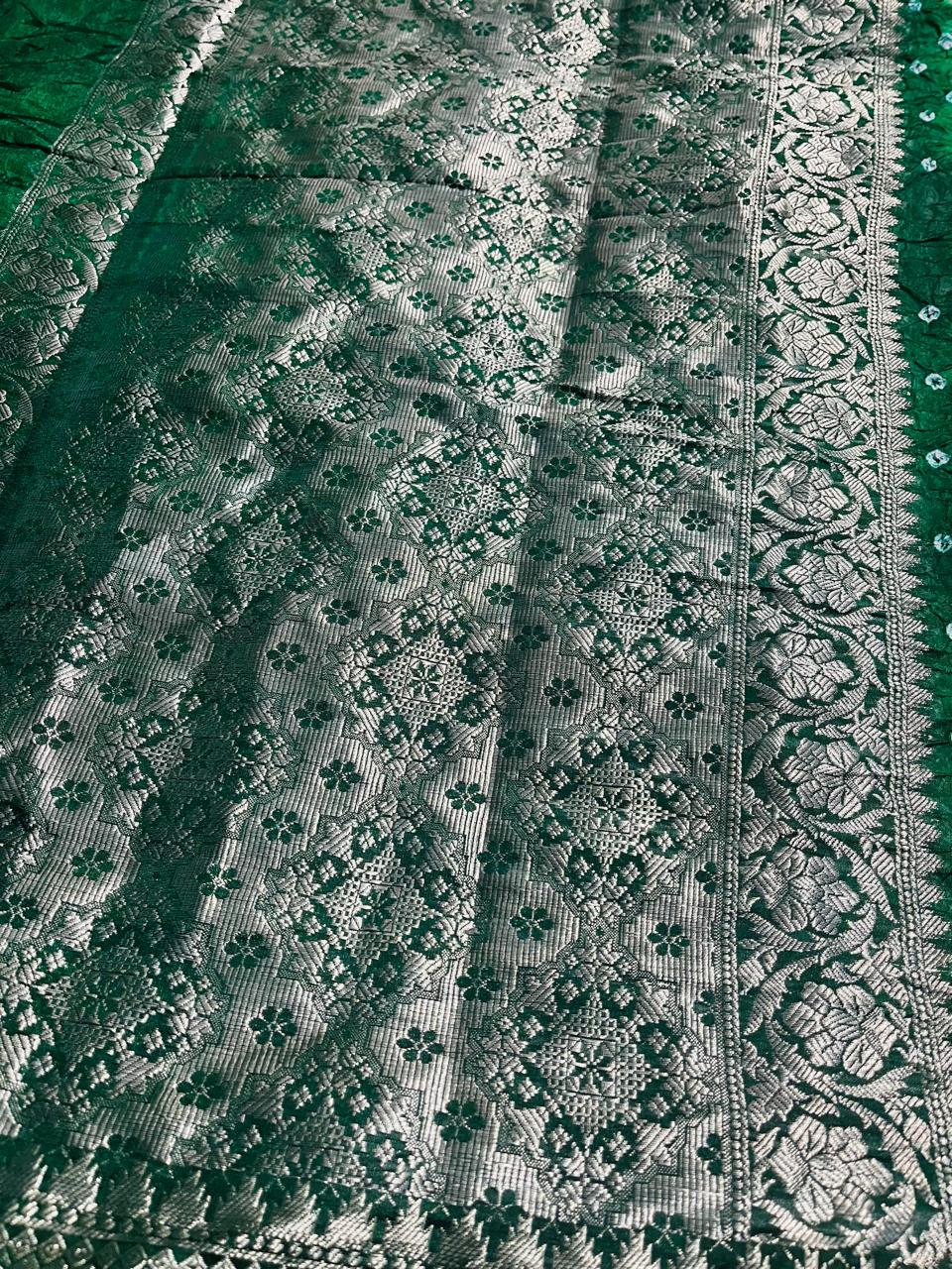 Green Bandhini Crushed Saree with Silver Zari Weave