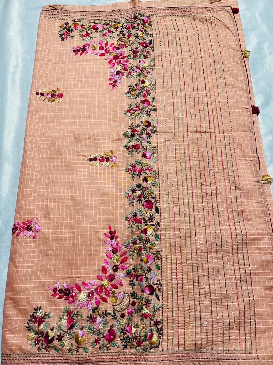 Cotton Checked Saree with Parsi & Bullion Knot Hand Embroidery