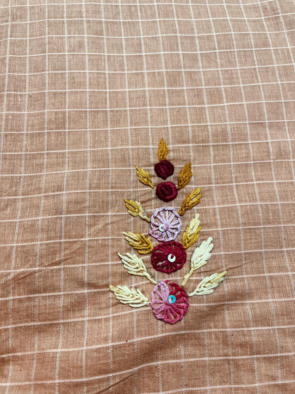 Cotton Checked Saree with Parsi & Bullion Knot Hand Embroidery
