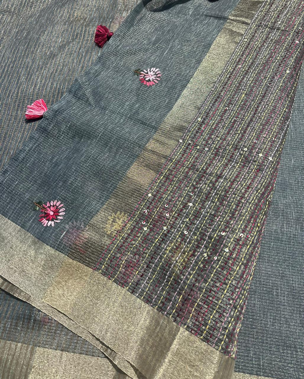 Hand-Embroidered Pure Linen Tissue Saree