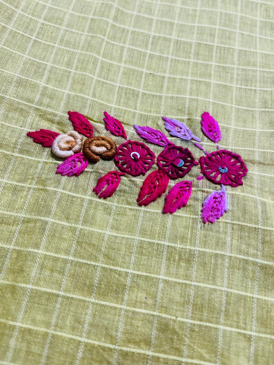 Olive Green Cotton Check Saree with Hand Embroidery