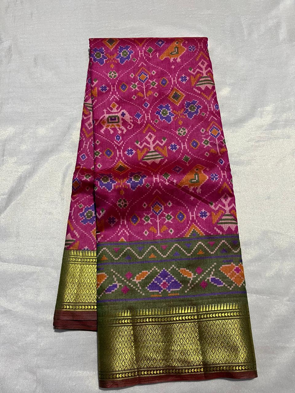 Rani Pink &amp; Bottle Green Patola Silk Saree