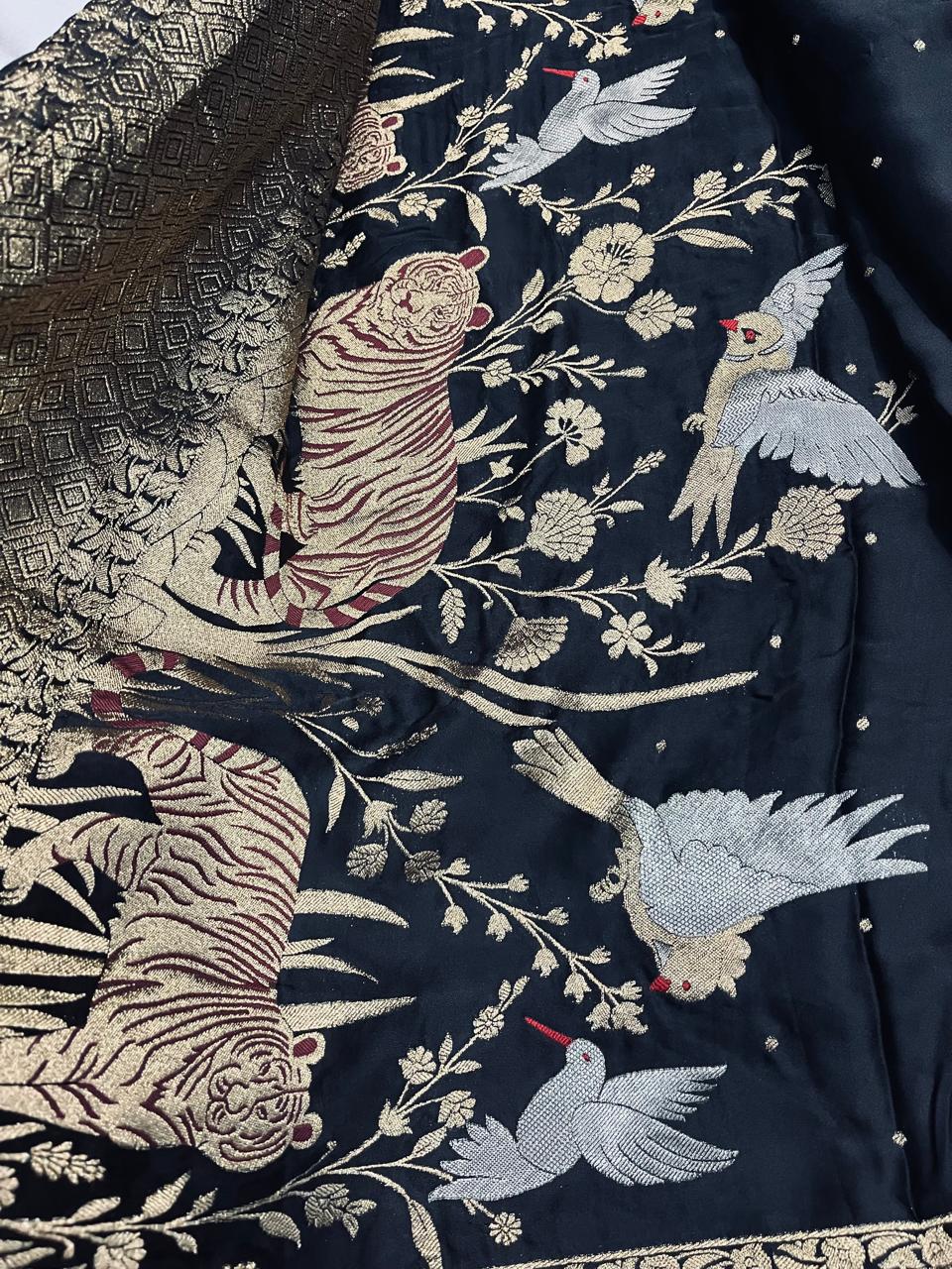 Black Jungle-Themed Satin Silk Saree