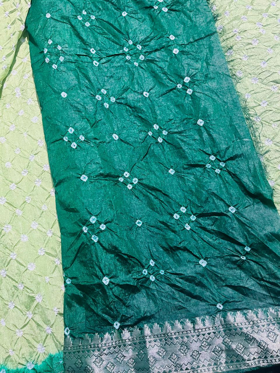 Green Bandhini Crushed Saree with Silver Zari Weave