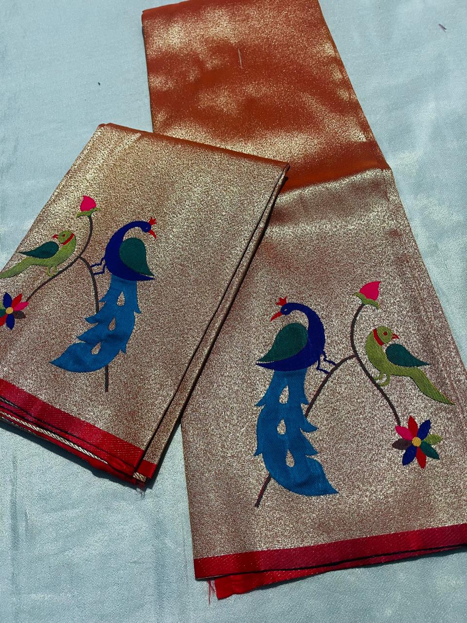 Paithani Blouse Piece Peacock & Parrot Motif