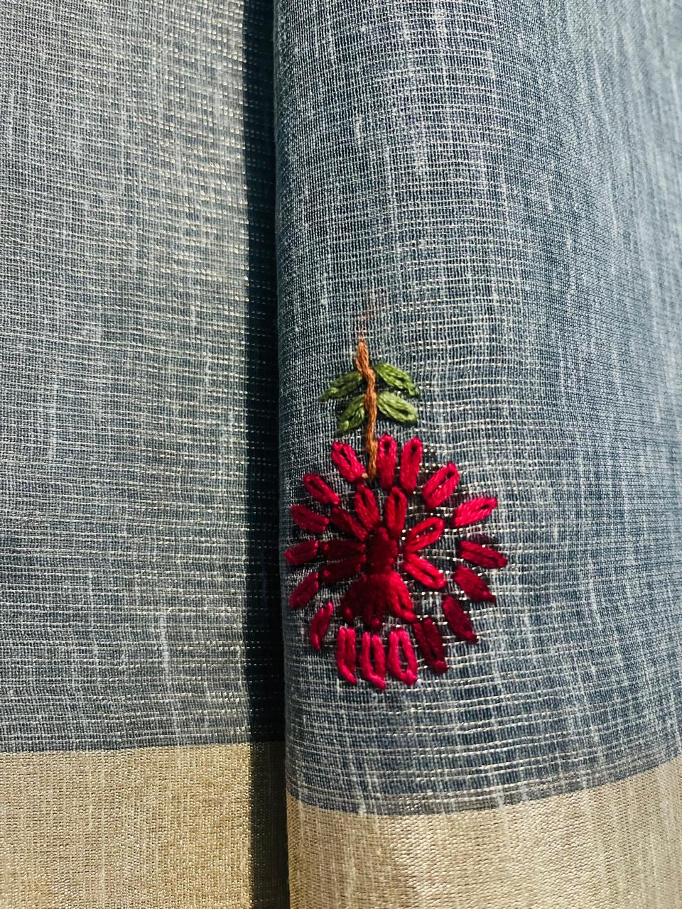 Hand-Embroidered Pure Linen Tissue Saree