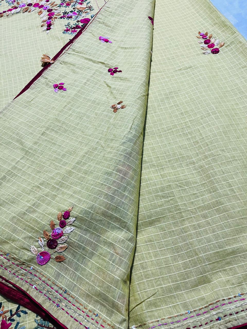 Olive Green Cotton Check Saree with Hand Embroidery