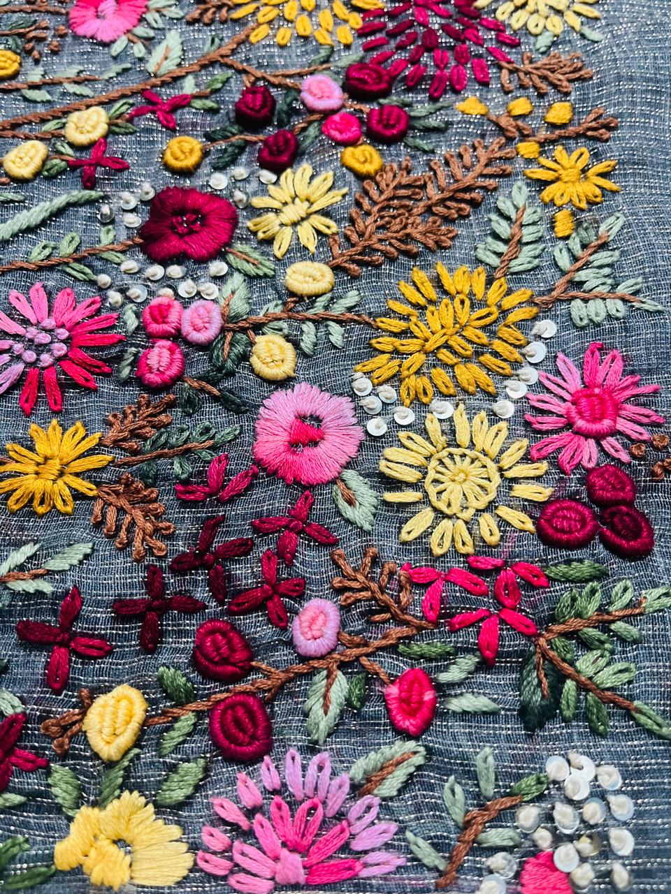 Hand-Embroidered Pure Linen Tissue Saree