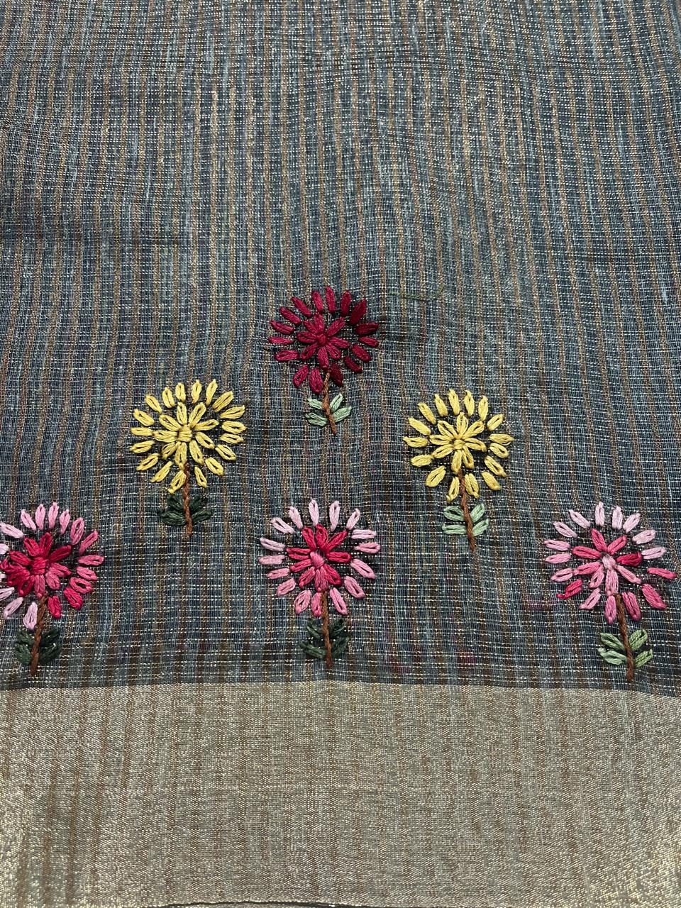 Hand-Embroidered Pure Linen Tissue Saree