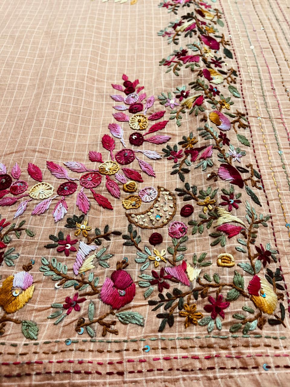 Cotton Checked Saree with Parsi & Bullion Knot Hand Embroidery
