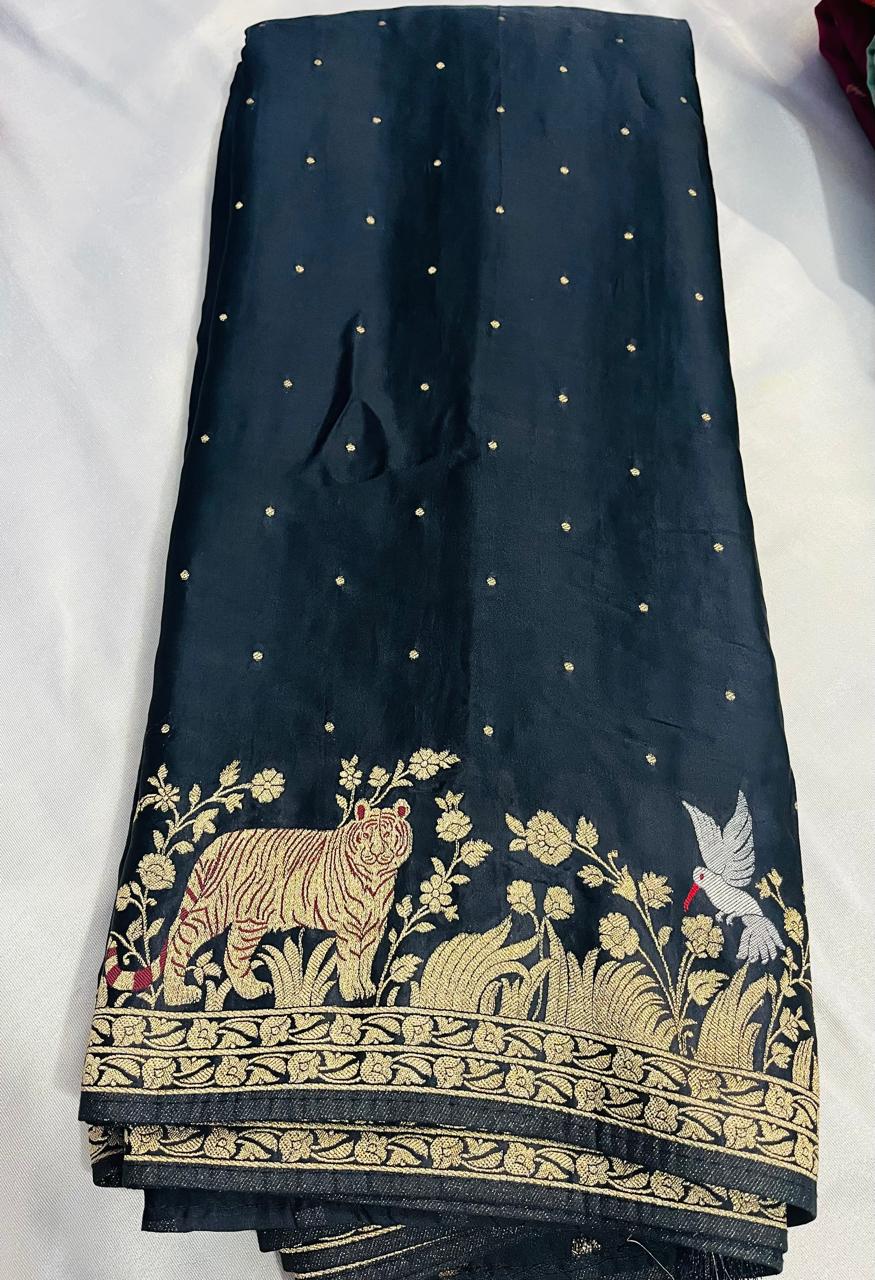 Black Jungle-Themed Satin Silk Saree