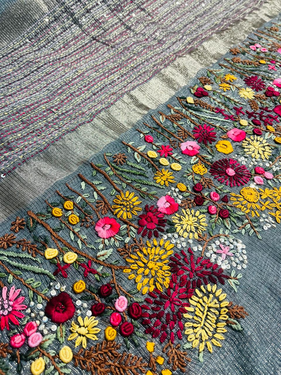 Hand-Embroidered Pure Linen Tissue Saree